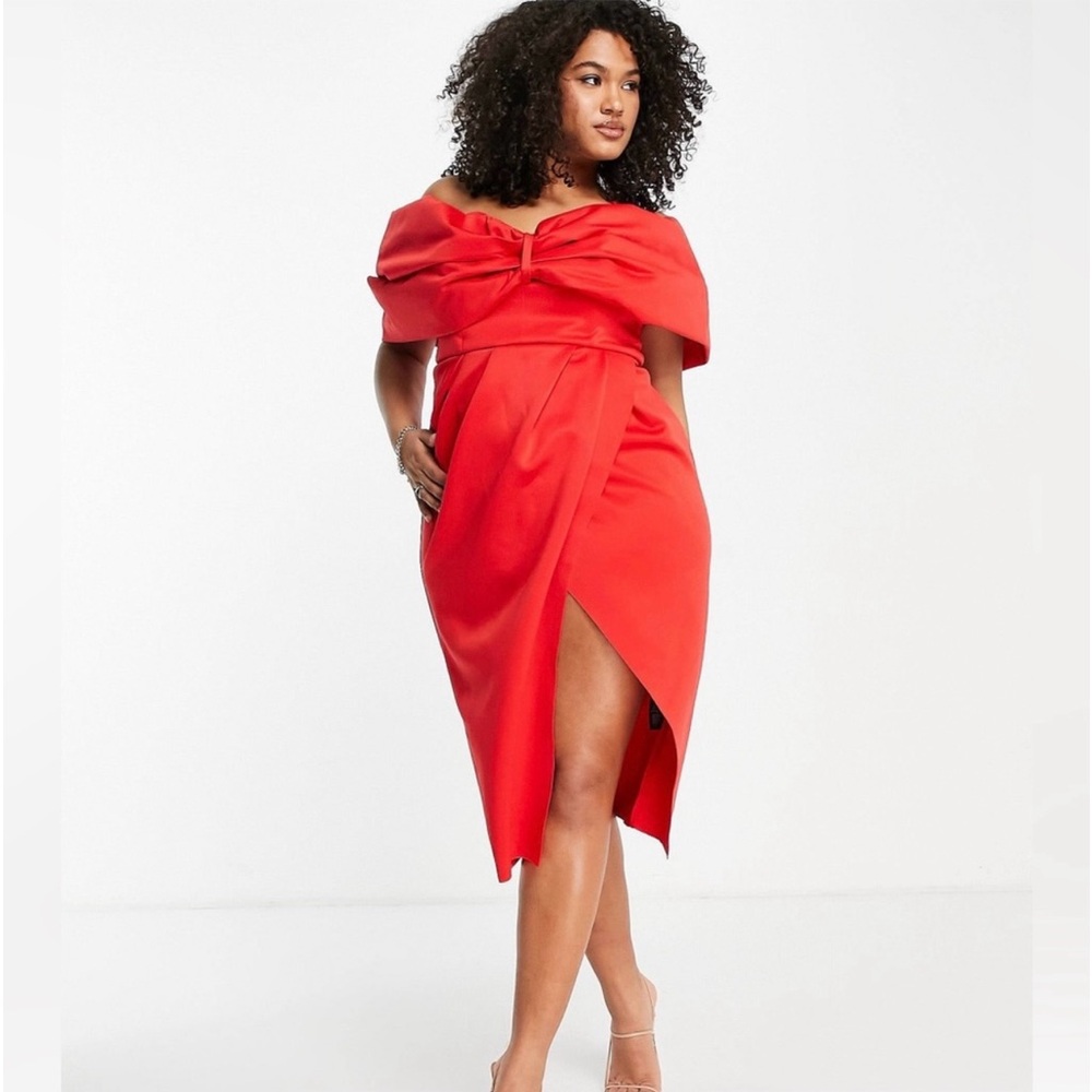 ASOS DESIGN Curve Off Shoulder Fold Wrap Pleat Midi Dress in Red Size 18 NWT